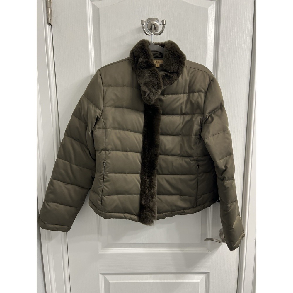 Wilsons Leather Olive Green Down Puffer Jacket Genuine Rabbit Fur Trim Womens L